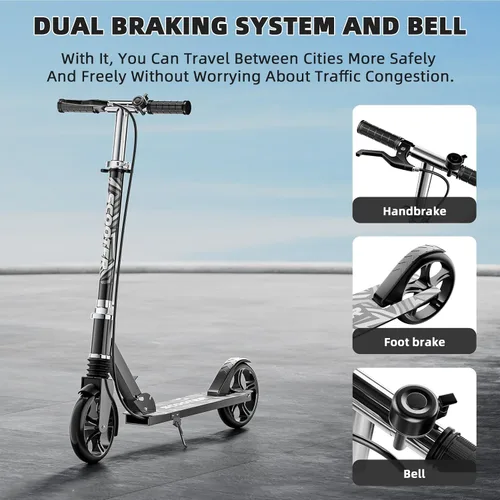 Vista 3 de Scooters for Kids 8-12, Teens & Adults - Load 240 LBS, 8-Inch Wheels, Kick Scooter with Shock Absorption System, Hand Brake & Bell, 4 Adjustable