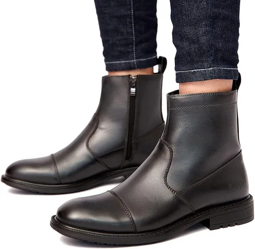 Vista 8 de Botas de vestir Chelsea para hombre, botas altas o medias, sin cordones, para negocios, de cuero genuino, para trabajo, uso diario, zapatos casuales