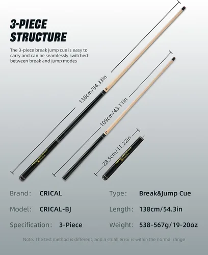 Vista 2 de CRICAL Heavy Hitter Jump Break Cue, 3-Piece 54.3-Inch Maple Break and Jump Stick with 13.5mm Bakelite Tip, 19–20oz Weight, Wrapless Handle