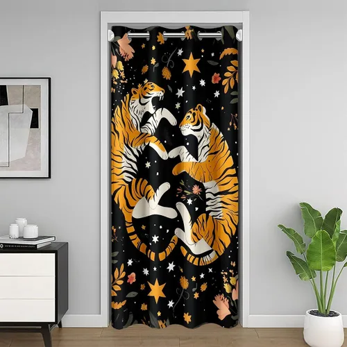 Vista 13 de Manfei Bonita cortina de puerta de gato negro Kawaii para puerta de armario, cortinas opacas con temática de animales estrellados, cortina opaca