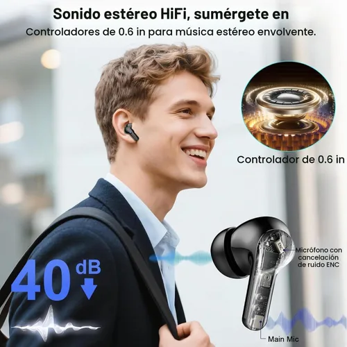 Vista 2 de Auriculares inalámbricos, auriculares Bluetooth 5.4 HiFi Stereo, auriculares con 4 micrófonos ENC con cancelación de ruido, auriculares Bluetooth