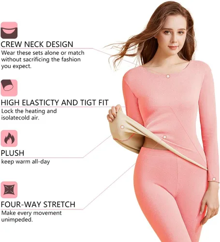 Vista 4 de Merdia Conjunto de ropa interior térmica para mujer, capa base elástica, suave, térmica, parte superior e inferior