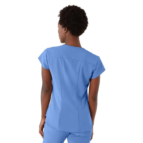 Vista 2 de ave. Camiseta médica Monroe con cuello en V y dos bolsillos para mujer, color azul Ceil, talla M