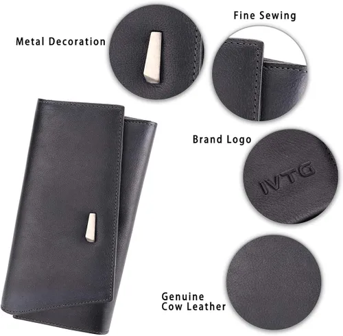 Vista 4 de Cartera de cuero genuino RFID bloqueo mujeres bolso largo vintage cuero de vaca hecho a mano titular de la tarjeta organizador