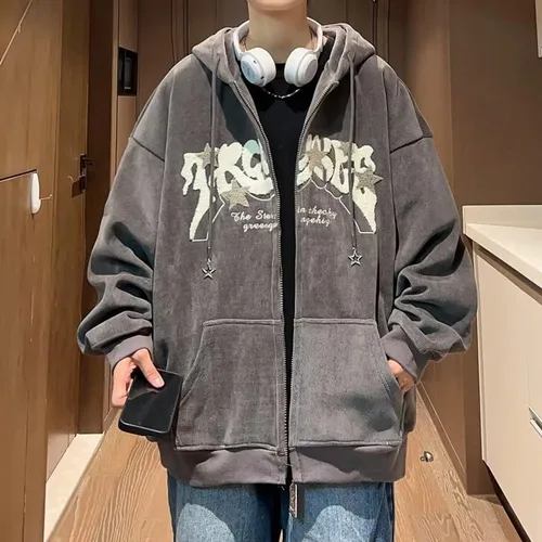 Vista 4 de Sumleno Y2K - Sudadera con capucha y cremallera con estampado de letras y estampado de estrellas, grunge, sudadera de pana con capucha de gran