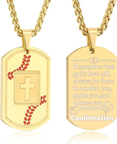 Vista 32 de Collar de cruz con versículo bíblico de béisbol, acero inoxidable, dije de cruz en tono negro/dorado/plateado, regalos religiosos, joyería deportiva