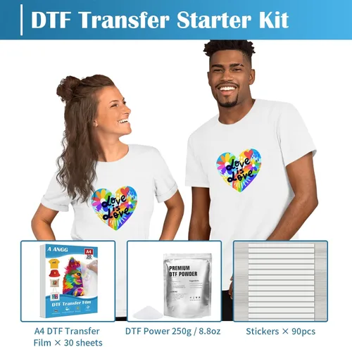 Vista 2 de A ANGG Kit de película y polvo de transferencia DTF para impresora DTF y sublimación, 30 hojas A4 película DTF brillante de un lado, polvo DTF
