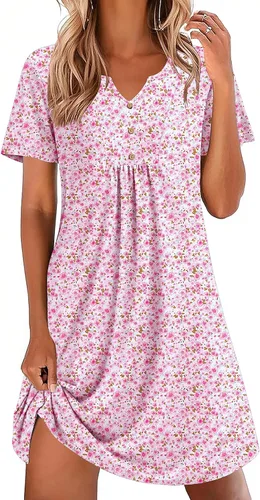 Vista 7 de Ekouaer Camisones para mujer de algodón Vestidos de noche Plisados Camisones Henley Cuello en V Camisas de dormir de manga corta Ropa de dormir