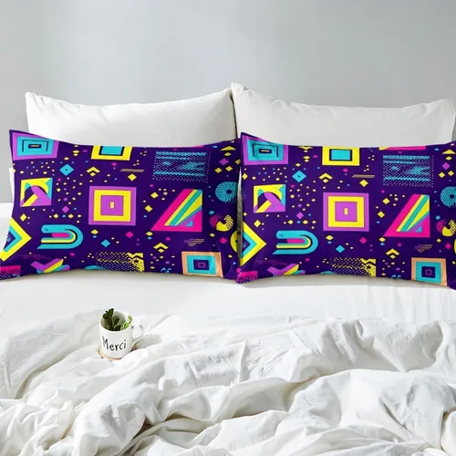 Vista 4 de Juego de sábanas bajeras de estilo retro de los años 80, diseño geométrico abstracto, diseño urbano moderno con círculos y triángulos, colorido arte