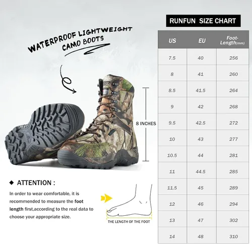 Vista 6 de Botas de caza impermeables para hombre, 8 pulgadas, ligeras, aisladas, camufladas, para exteriores, 14.11 oz Thinsulate