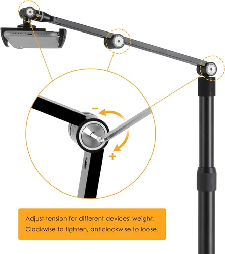 Vista 6 de Viozon Soporte superior para teléfono tableta, altura y ángulo de 360 grados ajustable, soporte de escritorio de aluminio, compatible con teléfono