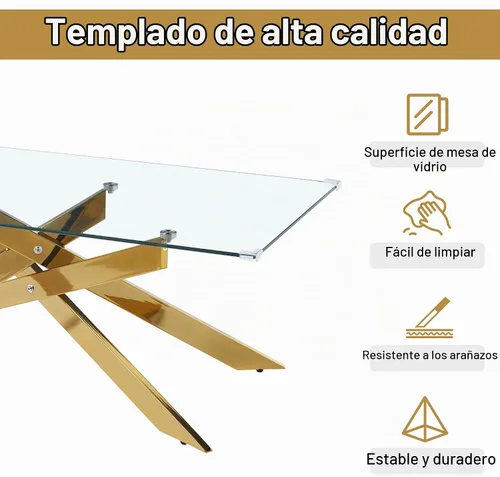 Vista 6 de Mesa de centro rectangular moderna de cristal, mesa central de vidrio templado y patas de metal chapado en oro para sala de estar, oficina en casa