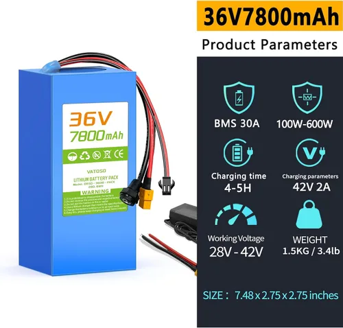 Vista 4 de Batería de litio de 36 V 7800 mAh, BMS de 30 A integrado, conector XT60 SM para proyectos de bricolaje Jetson Bolt Pro y 100W-600W, con cargador