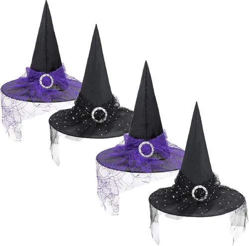 Vista 12 de Zando Sombreros de bruja de encaje para mujer, accesorios de disfraz de Halloween, accesorios de disfraz de bruja plegables para colgar
