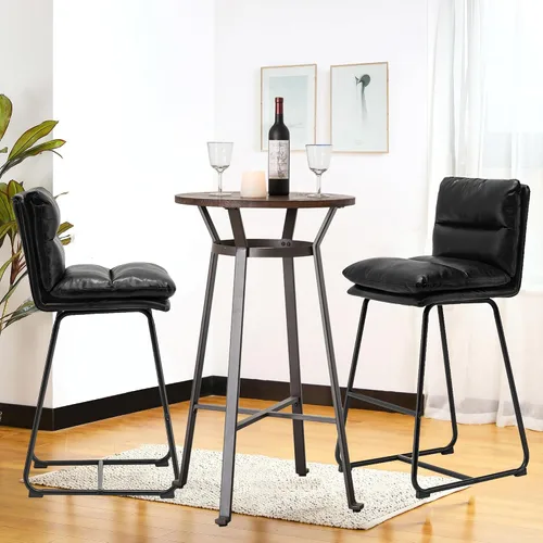 Vista 9 de Glitzhome Juego de mesa y sillas de comedor, mesa redonda de acero negro con parte superior de madera de olmo sólido y taburetes de bar de cuero