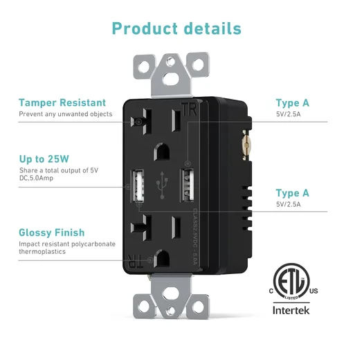 Vista 3 de WEBANG Toma de corriente USB de 25 W y 5.0 amperios, toma de corriente de carga de 20 A con puertos USB, placa de pared sin tornillos incluida