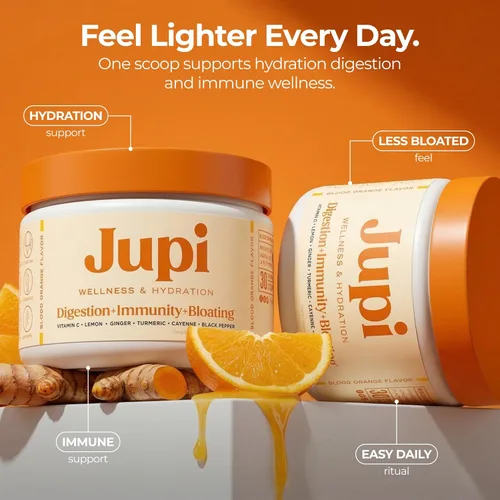 Vista 5 de Jupi Polvo de Hidratación y Bienestar – Shots de cúrcuma y jengibre, suplemento de vitamina C para energía, apoyo inmunológico y salud digestiva