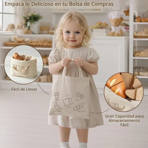 Vista 5 de PairPear - Juego de juguetes de panadería de madera, accesorios de cocina de alimentos de simulación para niños con bolsa de compras, juguetes