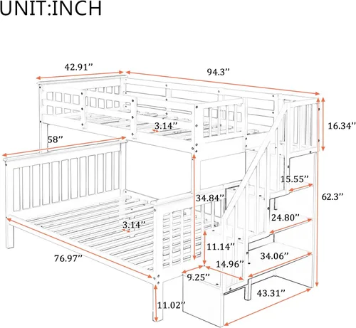 Vista 2 de Harper & Bright Designs Litera individual sobre tamaño matrimonial con escaleras y almacenamiento, cama alta de madera de pino maciza para niños
