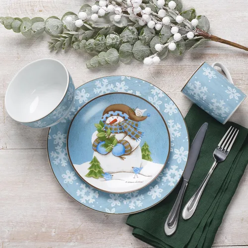 Vista 3 de Pfaltzgraff Evergreen Ernie - Juego de vajilla de 16 piezas, azul, blanco
