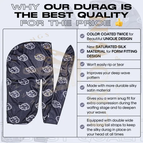 Vista 9 de Art Silky Durag con colas largas y anchas, durags de tela de seda suave satinada para mayor comodidad y compresión