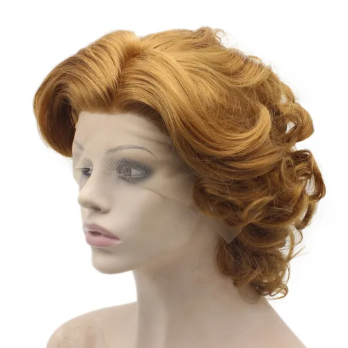 Vista 5 de Mxangel - Peluca de cabello sintético con encaje frontal natural, corto, rizado, rubio dorado