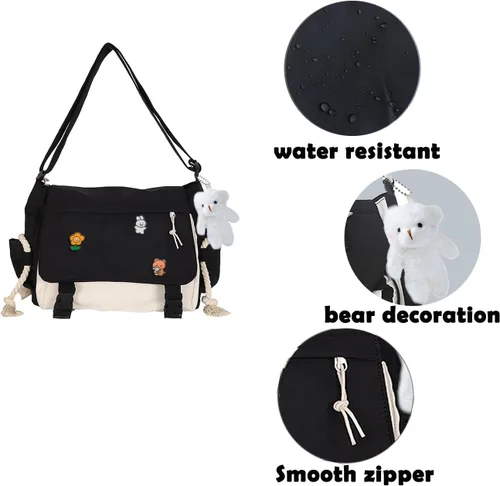 Vista 4 de Bonita bolsa de mensajero para adolescentes y mujeres, bolso cruzado Kawaii con alfileres y colgante de relleno de regalo