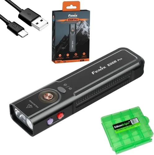 Vista 11 de Fenix E06R Pro 1600 lúmenes 4 en 1 linterna plana recargable EDC con haz rojo, luz UV, foco/reflector con estuche EdisonBright Acc (verde)