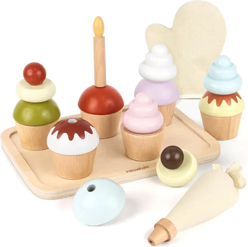 Vista 10 de Juego de helados de madera de Pillowhale para niños – 24 piezas Juguetes de simulación de helados con conos, paletas, coberturas, salsas y cucharas