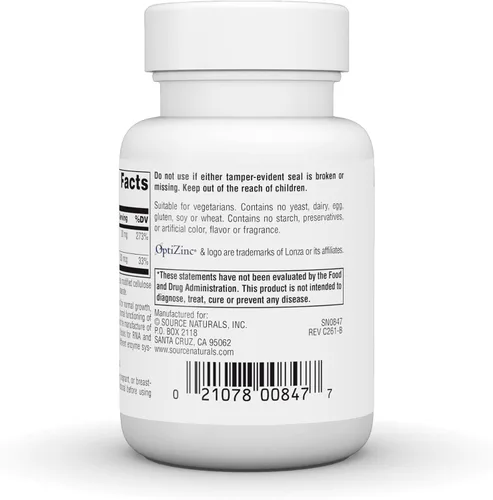 Vista 4 de Source Naturals OptiZinc Zinc Metionina Sulfato Complejo & Suplemento Dietético - 60 Tabletas