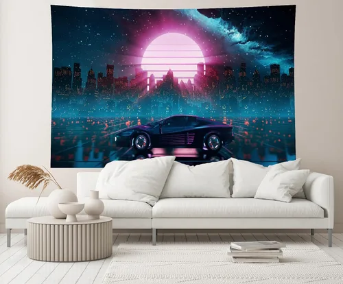 Vista 4 de Telón de fondo de auto Cyberpunk de 5 x 3 pies, diseño retro futurista de Ciudad Cibernética Cibernética Rascacielos Luna Roja Punk, Fondo de coche