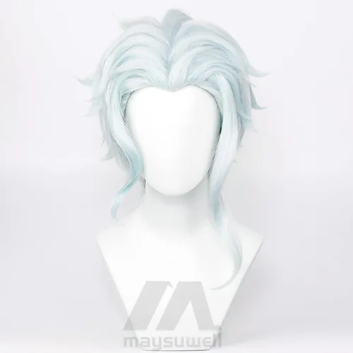Vista 2 de Peluca de cosplay de anime con mezcla de plata con cabello azul claro Custome para fiesta temática de Halloween con gorra