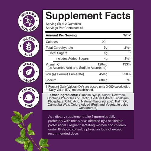 Vista 8 de Gomitas de suplemento de hierro extra fuertes para mujeres y hombres, hierro masticable con vitamina C y complejo B para constructor de sangre