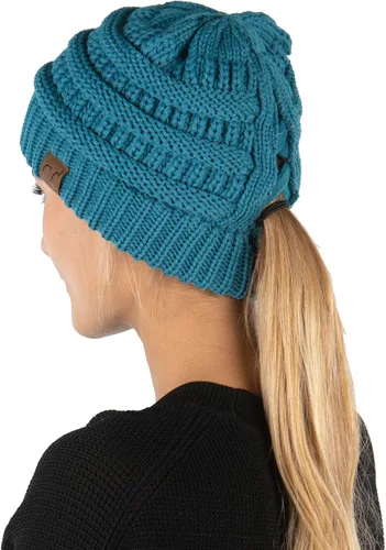 Vista 21 de Funky Junque - Gorro de coleta para mujer – Gorro de invierno con cola de caballo cruzada para mujer, cálidos y lindos gorros de punto con cola