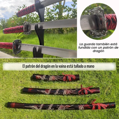 Vista 4 de Set de 3 espadas japonesas de Samurai con soporte de exhibición, Katana de Iaido con hoja de acero al carbono, espada real para exhibición