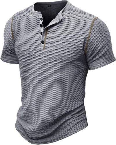 Vista 2 de Blusas con botones para Hombre sólido Cuello en V Camisa tipo túnica Mangas Camisetas Deportivas ajustadas