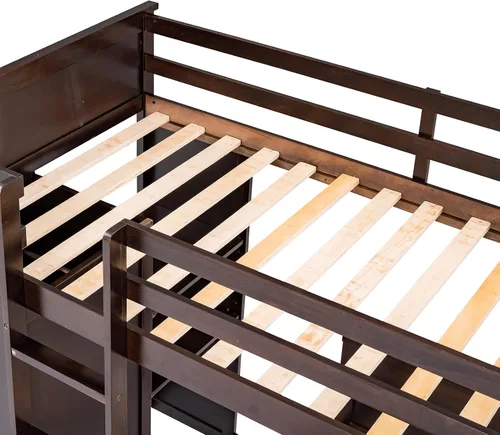Vista 6 de Cama tipo loft de tamaño individual con armario, marco de cama de madera con plataforma independiente, estantes de almacenamiento y barandilla