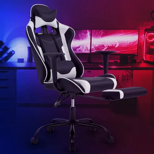 Vista 2 de Silla de juegos, silla ergonómica de cuero con respaldo alto ajustable, giratoria y reclinable, silla de computadora con soporte lumbar