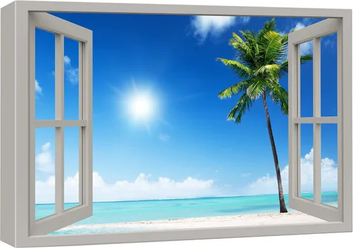 Vista 49 de wall26 - Cuadro en lienzo para pared, vista de ventana, atardecer neón, cielo, palmera tropical, playa, naturaleza, desierto, fotografía, realismo