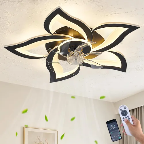 Vista 14 de Ventilador de techo de perfil bajo con control remoto y aplicación, motor silencioso y luz LED regulable, ventilador de techo de montaje empotrado
