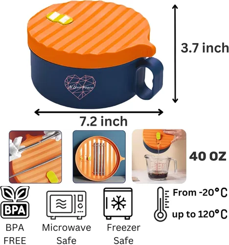 Vista 5 de Tazón de ramen para microondas para sopa y fideos instantáneos con bolsa de almuerzo aislada con cultery, cocina de ramen para microondas