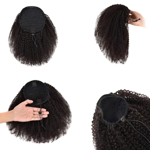 Vista 2 de beauty youth Cola de caballo de cabello humano Afro Puff con cordón para mujeres negras Extensiones de cola de caballo rizadas cortas de 8