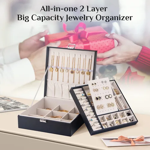Vista 2 de Joyero con cerradura cajas de joyería grandes para mujeres y niñas regalo ideal organizador de joyas de doble capa joyero para almacenar aretes
