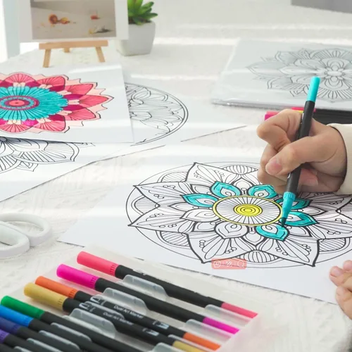 Vista 9 de Hiwhy 48 Pcs Mandala Coloring Cards 10" x 10" Coloring Cardstock Stress Relief Relaxation Mandala Pattern Poster Sets with 36 Markers Creative