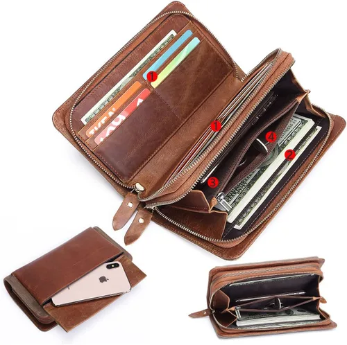 Vista 4 de SUMGOGO Billeteras para hombres y mujeres, bolso de mano para teléfono y tarjeteros, bolso vintage de lona de cuero auténtico, doble bolsillo