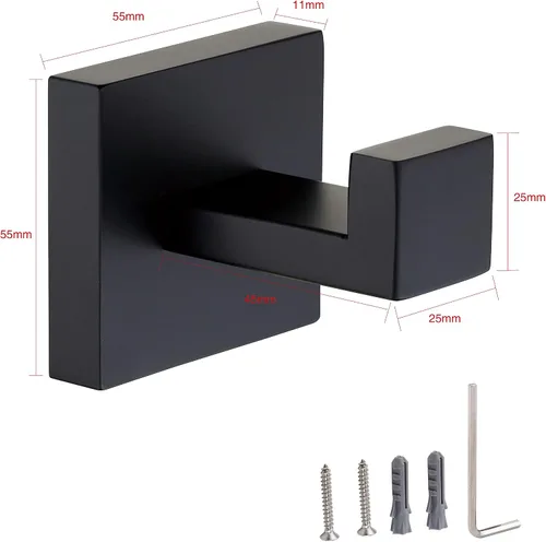Vista 6 de Paquete de 2 ganchos para toallas de baño color negro mate, acero inoxidable, cuadrado, para toalla, abrigo, montaje en pared, inodoro, cocina