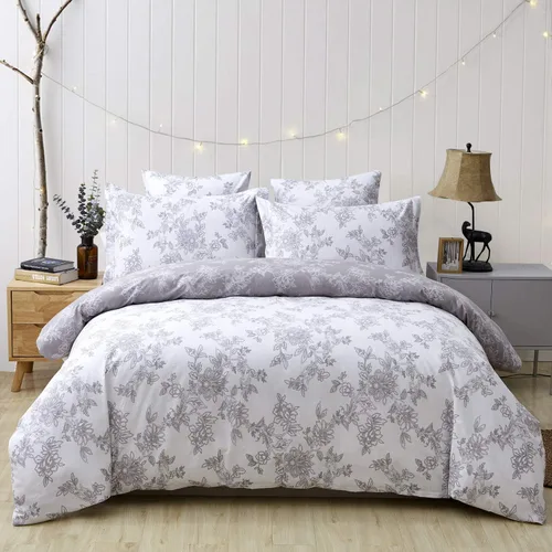 Vista 11 de FADFAY Juego de sábanas bajeras de tamaño individual color gris con estampado floral blanco con bolsillo profundo, súper suaves, de fácil cuidado