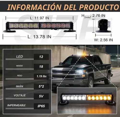 Vista 2 de 1 luz estroboscópica de emergencia ámbar blanco, faro de precaución intermitente inalámbrico magnético recargable LED barra de luz de remolque