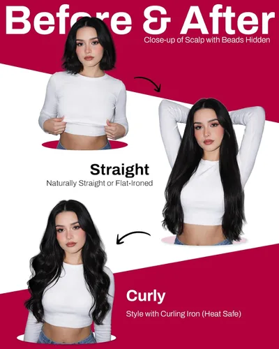 Vista 4 de Moresoo - Extensiones de cabello humano real con microcuentas, color negro y rubio caramelo 20 inch, 50g 50 strands, no heat no glue, cool blonde