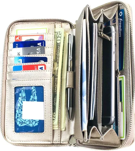 Vista 2 de Cartera de piel sintética con cremallera alrededor del embrague de pasaporte con soporte para libro de cheques
